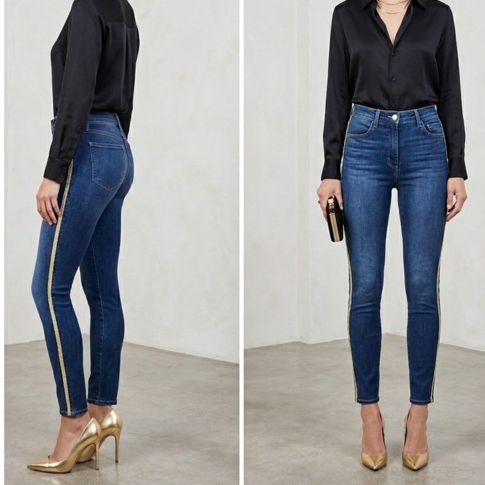 L'Agence Margot High Rise Skinny Jeans Gold Tuxedo Stripe‎ Neptune Blue Size 29